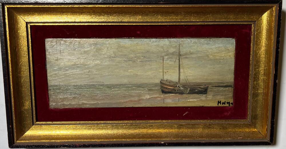 A pair of fishermen boats at the beach ( oil on panel )