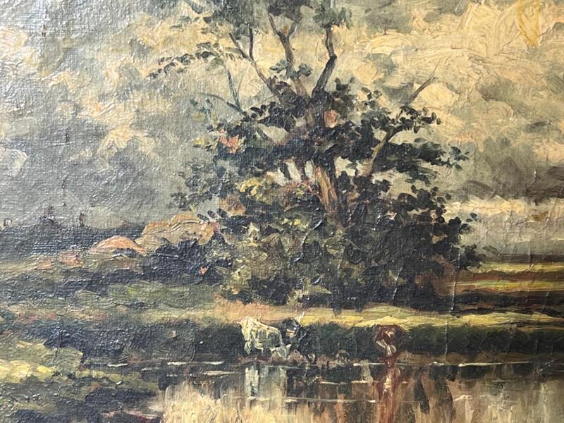 Drinking cows at the riverside ( oil on canvas )