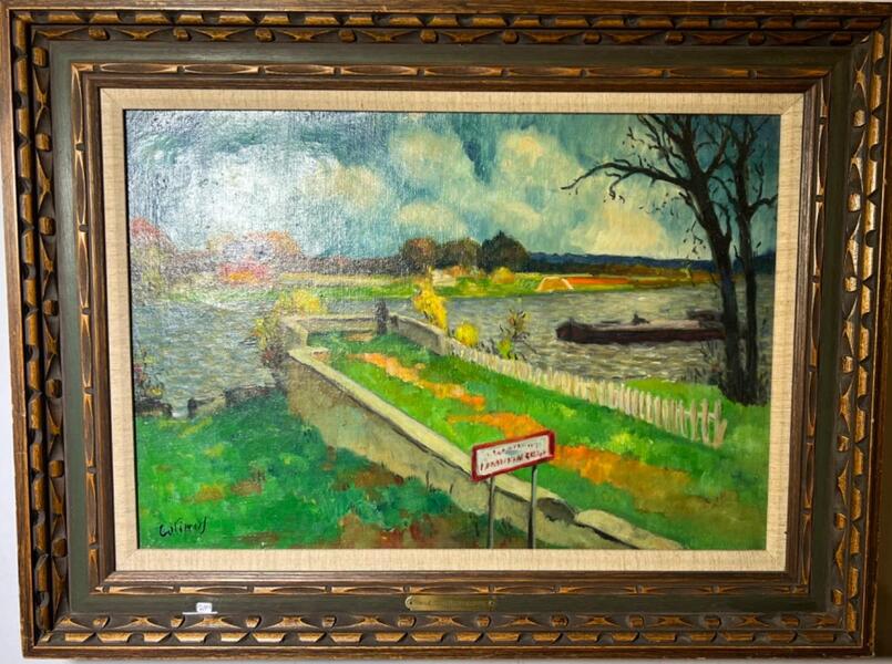 Boat at the riverside near the Seine ( oil on canvas)