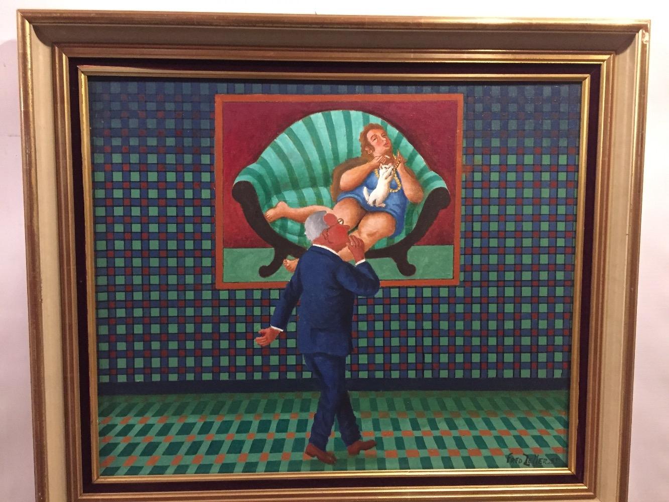 Looking at a painting of a Woman with her white cat