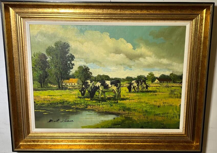 Grazing cows near the riverside ( oil on canvas )