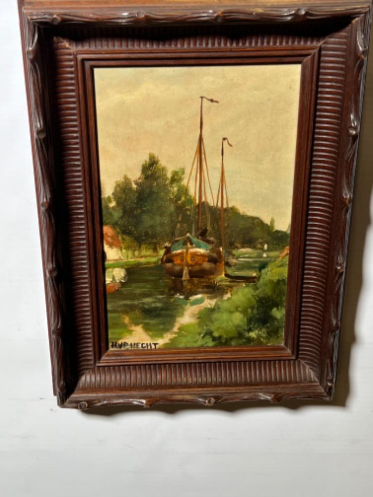 Boats at the riverside ( oil on panel )