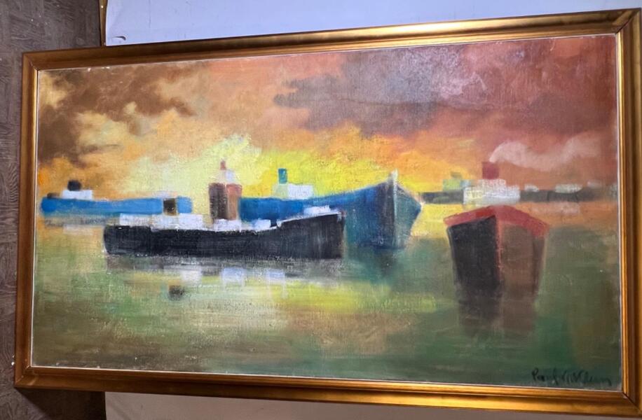 Boats near the harbour ( oil on canvas )