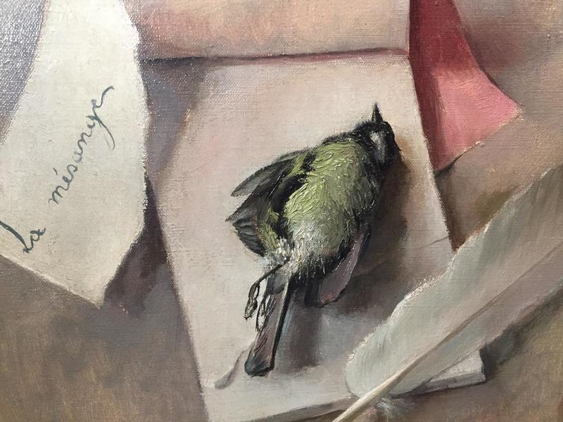 Stillife with a bird and a feather (oil on canvas)