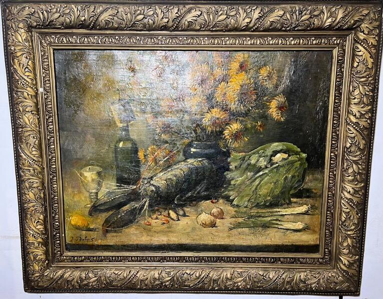 Stillife with a lobster and flowers ( oil on canvas )