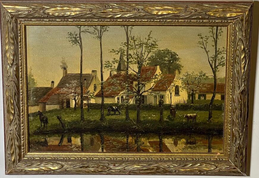 The farm at the riverside ( oil on panel )