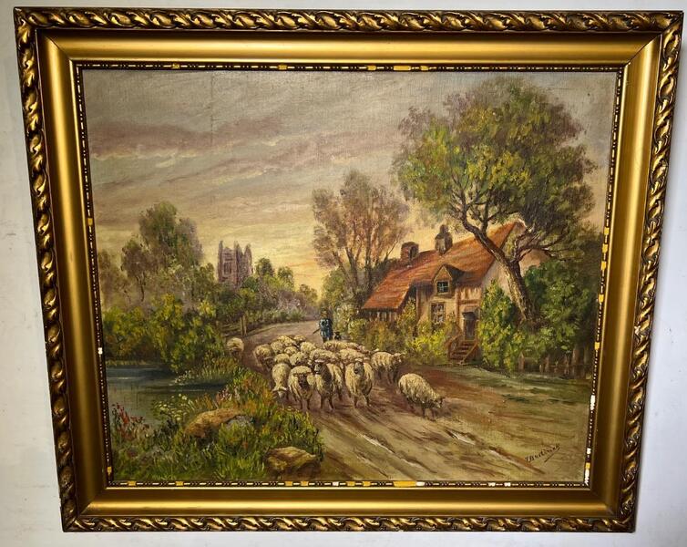 The shepherd and his sheep leaving the village ( oil on canvas )