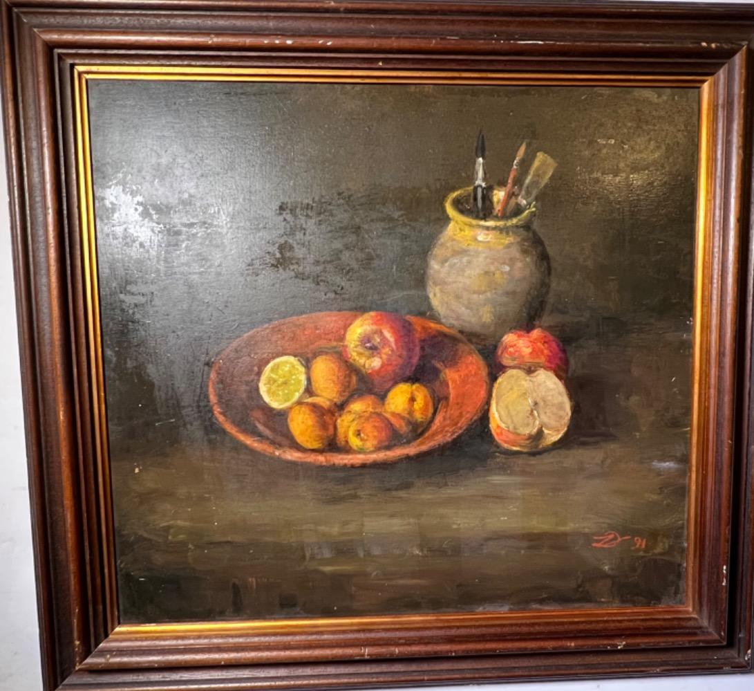 Stillife with fruit and paint brushes ( oil on panel )